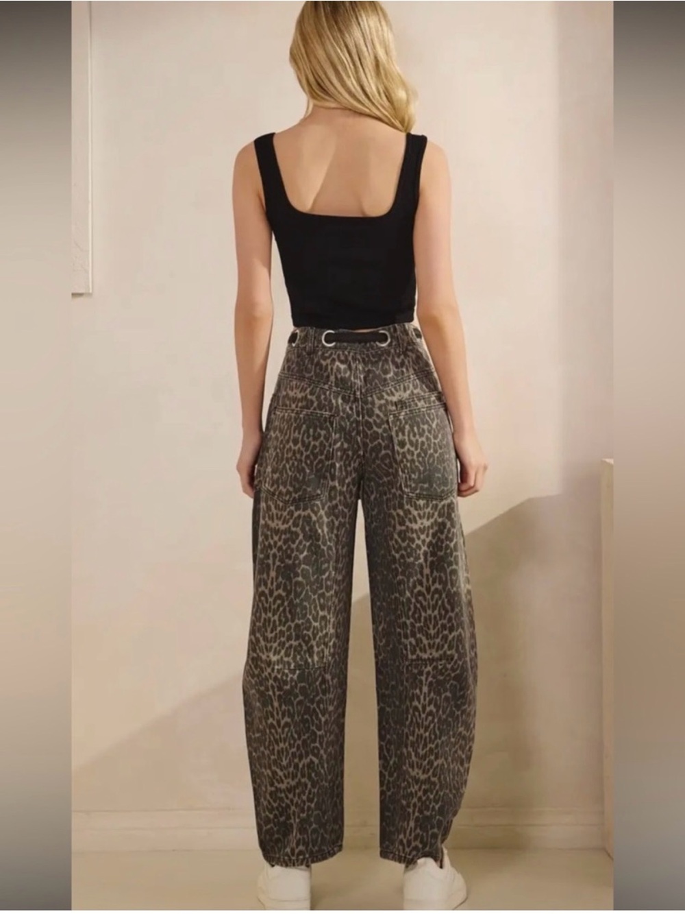VEVERET Leopard Print Barrel Leg Drawstring Pants - Black/Brown/Grey - Picture 3 of 4